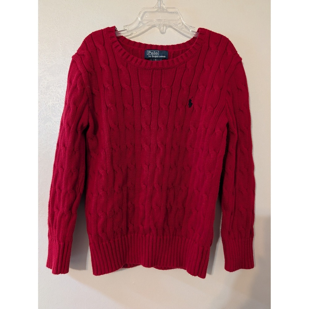 Polo Ralph Lauren Kids Red Cable Knit Cotton Sweater Size 5 Crew Neck Pullover
